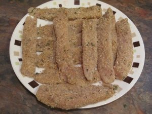 Fish strips coated and ready for frying